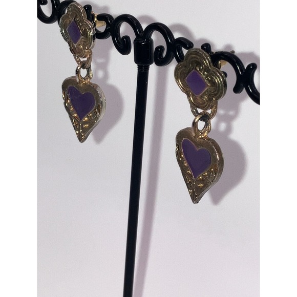 Purple & Gold-Tone Art Nouveau Heart Dangle Earrings Vintage! - Picture 6 of 10